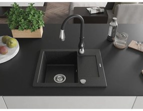 Mexen Enzo, 1-komorový granitový drez 576x465x174 mm a drezová batéria Savita, čierna-strieborná metalíza, 6506-73-672601-70