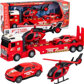 LEAN Toys Súprava hasičská a záchranná: Nákladné auto, odťahovka, auto, vrtuľník, svetlá, zvuky