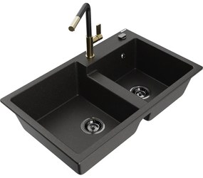 Mexen Tomas, 2-komorový granitový drez 800x500x190 mm a drezová batéria Flora, čierna-zlatá metalíza, 6516-75-670401-57-B