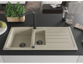 Mexen Andres, granitový drez 1000x500x200 mm, 1,5-komorový + čierna batéria Duero, béžová, 6515-69-671600-70