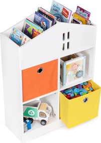 Detský regál v tvare domčeka ECOTOYS – biela polica na hračky a knihy, 2 koše