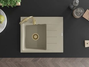 Mexen Ben granitový drez 1-komorový s odkvapkávačom, ľavý 600 x 500 mm, béžový, zlatý sifón - 6522605000-69-G