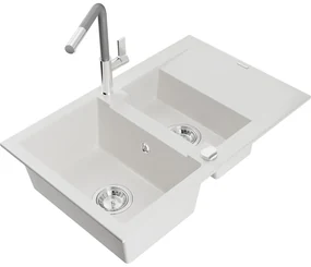 Mexen Gaspar, 1,5-komorový granitový drez 737x475x177 mm a drezová batéria Flora, biela, 6507-20-670401-06