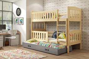 Detská poschodová posteľ s prístelkou KUBUŠ 3 | borovica Farba: Borovica / sivá, Rozmer.: 200 x 90 cm