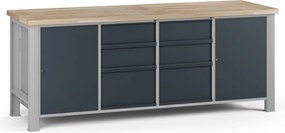 Dielenský pracovný stôl G7, buková škárovka, 2100 x 685 x 840 mm, 2x skrinka, 6 zásuviek, grafit