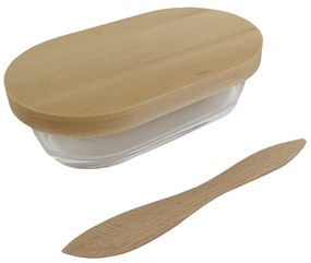 AMADEA Sklenená maslienka s dreveným poklopom a nožom, 19 cm