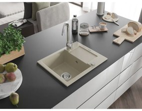 Mexen Enzo, granitový drez 576x465x174 mm, 1-komorový, chrómová batéria Telma, béžová, 6506-69-670200-00