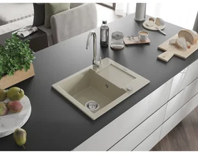 Mexen Enzo, granitový drez 576x465x174 mm, 1-komorový, chrómová batéria Telma, béžová, 6506-69-670200-00