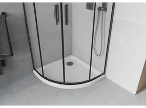 Mexen Rio, štvrťkruhový sprchovací kút s posuvnými dverami 90(dvere) x 90(dvere) x 190 cm, 6mm sklo námraza, čierny profil + biela sprchová vanička SLIM, 863-090-090-70-30-4110B