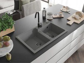 Mexen Tomas, granitový drez 800x500x190 mm, 2-komorový, šedá s čiernym sifónom, 6516802000-71-B