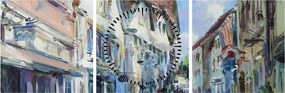 Obraz - Ulička starého mesta, akrylová maľba (s hodinami) (90x30 cm)