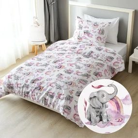 Biante Detské bavlnené posteľné obliečky Sandra SA-464 Slony s fialovou dúhou na bielom Predĺžené 140x220 a 70x90 cm