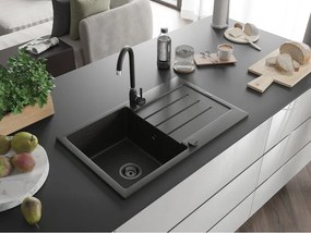 Mexen Bruno, granitový drez 795x495x200 mm, 1-komorový, čierna so zlatou metalízou a čiernym sifónom, 6513791010-75-B