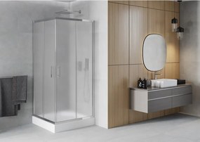 Mexen Rio, štvorcový sprchovací kút s posuvnými dverami 90(dvere) x 90(dvere) x 190 cm, 6mm sklo námraza, chrómový profil + biela sprchová vanička RIO, 860-090-090-01-30-4510