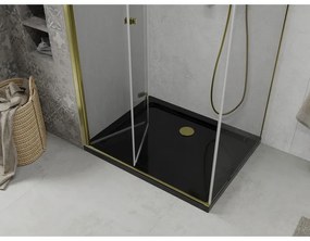 Mexen Lima, sprchový kút so skladacími dverami 100 (dvere) x 90 (stena) cm, 6mm číre sklo, chrómový profil + slim sprchová vanička čierna + zlatý sifón, 856-100-090-50-00-4070G