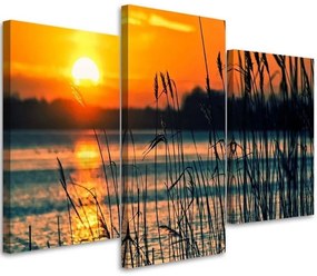 Obraz na plátně třídílný Západ slunce Jezero Tráva Příroda - 120x80 cm