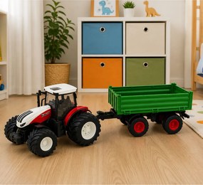 LEAN Toys Poľnohospodársky traktor s vyklápacím prívesom, diaľkovo ovládaný, svetlá a zvuky, mierka 1:24