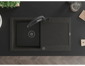 Mexen Leo, 1-komorový granitový drez 900x500x190 mm a drezová batéria Duo, čierna-zlatá metalíza, 6501-75-671701-70-B