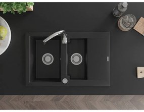Mexen Gaspar, 1,5-komorový granitový drez s odkvapkávačom 74x48 cm a kuchynskou batériou Telma, čierna, 6507-77-670200-00