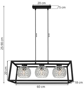 Závesné svietidlo Crystal Cage, 3x strieborné krištáľové tienidlo v kovovom ráme