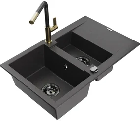 Mexen Gaspar, 1,5-komorový granitový drez 737x475x177 mm a drezová batéria Flora, čierna škvrnitá, 6507-76-670401-75-B