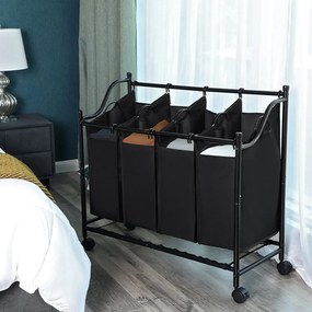 Kôš na bielizeň, vozík na prádlo, so 4 vyberateľnými látkovými vakmi, 4 x 35 L, čierny