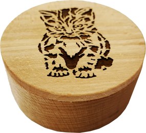 AMADEA Drevená krabička guľatá mačka, masívne drevo, 8 cm, český výrobok