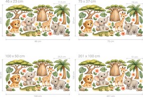Safari mláďatká pri baobabe farebné akvarelové nálepky s baobabom a safari zvieratkami pre dievčatá aj chlapcov na stenu arch 46 x 23 cm