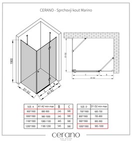 Cerano Marino, sprchovací kút 90(dvere) x 100(stena) x 190 cm, 6mm číre sklo, čierny profil, CER-CER-422865