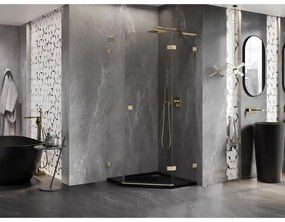Mexen Lunar, L pravý výklopný päťuholníkový sprchový kút 100x100 cm, 8mm číre sklo, zlatý matný profil, 831L-100P-100L-55-00-P
