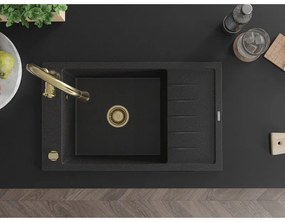 Mexen Elias, 1-komorový granitový drez 795x480x200 mm a drezová batéria Savita, čierna-strieborná metalíza, 6511-73-672601-50