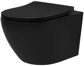 Rea Carlo Mini Tornado NF, závesná WC misa 490x365x350mm + toaletné sedadlo, čierna matná, REA-C3000