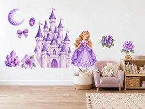 Princezná vo fialovom kráľovstve fialové rozprávkové nálepky na stenu do detskej izbičky pre dievčatá arch 31 x 46 cm