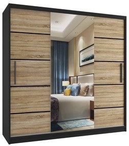 Šatníková skriňa 200 cm Belini čierny mat / dub sonoma s posuvnými dverami zrkadlom a zásuvkami MT SZP5/1/B/DS/0/KLP