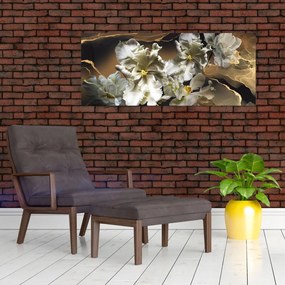 Obraz - Kvety orchideí na mramorovom pozadí (120x50 cm)