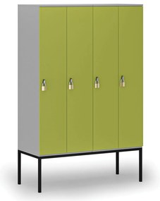Drevená šatníková skrinka S4 s podnožou, 4 oddiely, 1871 x 1200 x 500 mm, demont, otočný zámok, sivá/zelená