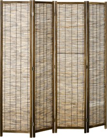 HOMCOM 4-panelová sklápacia priečka 160 cm x 1.8 cm x 170 cm Rustikálny štýl drevená a rákosová delička pre kanceláriu, spálňu a obývačku | Aosom