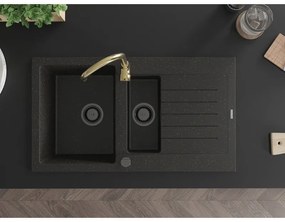 Mexen Matias, granitový drez 900x505x200 mm, 1,5-komorový a zlatá batéria Telma, čierna-zlatá metalíza, 6502-75-670200-50-B