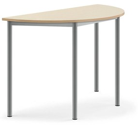 Stôl SONITUS, polkruh, 1200x600x760 mm, HPL - breza, strieborná