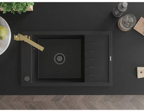 Mexen Elias, granitový drez granitový 795x480x200 mm, 1-komorový, čierna s čiernym sifónom a zlatá drezová batéria Rita, 6511-77-670300-50-B