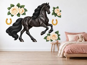 Čierny kôň s bielymi ružami elegantné nálepky na stenu do detskej izby arch 46 x 34 cm
