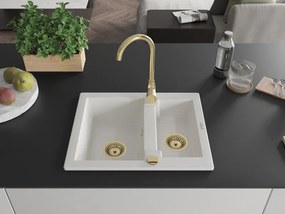 Mexen Carlos, granitový drez 582x475x177 mm, 1,5-komorový, biela so zlatým sifónom, 6518581500-20-G