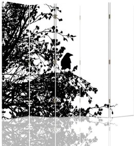 Ozdobný paraván Černobílý pták - 180x170 cm, päťdielny, obojstranný paraván 360°
