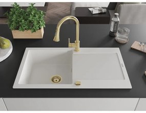 Mexen Leo, 1-komorový granitový drez 900x500x190 mm a drezová batéria Elia, biela, 6501-20-670101-50