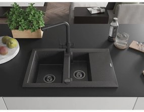 Mexen Gaspar, granitový drez 737x475x177 mm, 1,5-komorový, čierna batéria Duero, čierna škvrnitá, 6507-76-671600-70-B