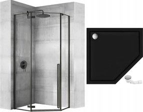 Päťuholníkový sprchovací kút REA DIAMOND 90x90 cm, čierny matný/transparent + vanička Diamond čierna