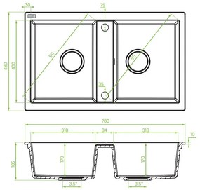 Laveo Barbados, 2-komorový granitový drez 780x480x185 mm, šedá, LAV-SBB_520T