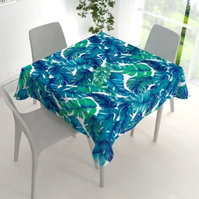 Biante Bavlnený štvorcový obrus Sandra SA-606 Modro-zelené tropické listy na bielom 140x140 cm