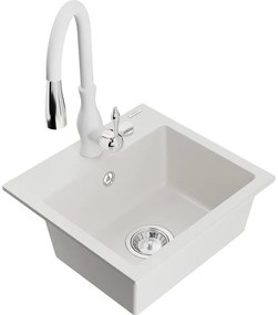 Mexen Milo, 1-komorový granitový drez 435x410x171 mm a drezová batéria Savita, biela, 6505-20-672601-20