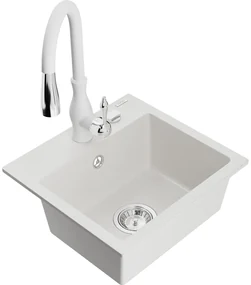 Mexen Milo, 1-komorový granitový drez 435x410x171 mm a drezová batéria Savita, biela, 6505-20-672601-20